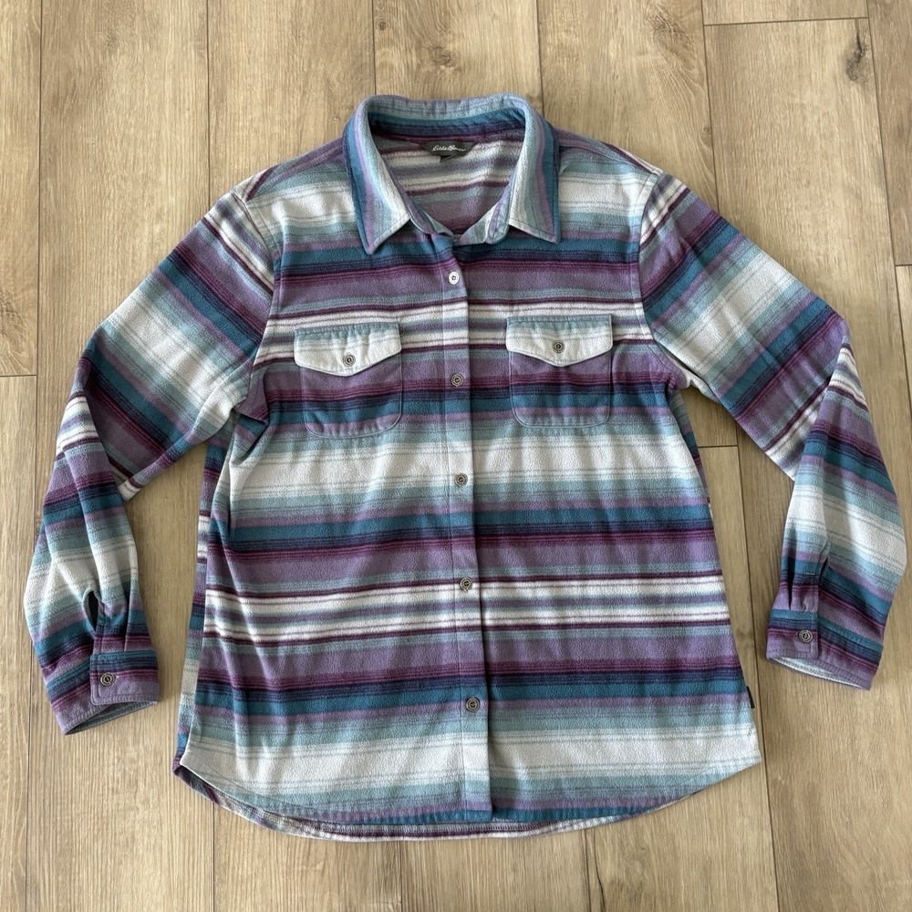 Eddie Bauer Women's Large Plaid Flannel Fleece Shirt Blue Purple Button Front
